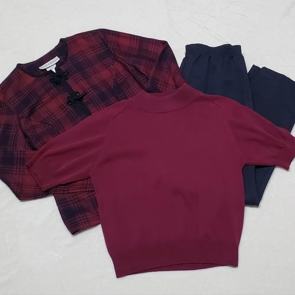 VINTAGE 80s Jessica Howard Wine Red Buffalo Plaid Ribbed Pants Mockneck Top Set
